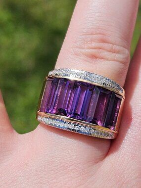 14K Wide Band Lab Created Amethyst & Diamond Cocktail Ring 16mm Size 8